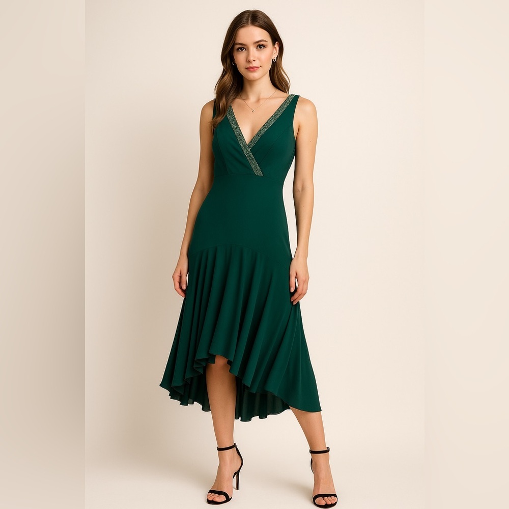 Rabbit Rabbit Designs Green Beaded Cocktail Dress Women’s Size 8 Sleeveless Midi